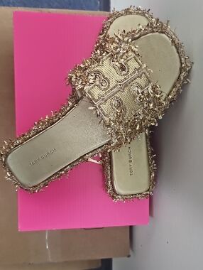 Tory Burch Metallic Gold Fringe Logo Slide Sandals